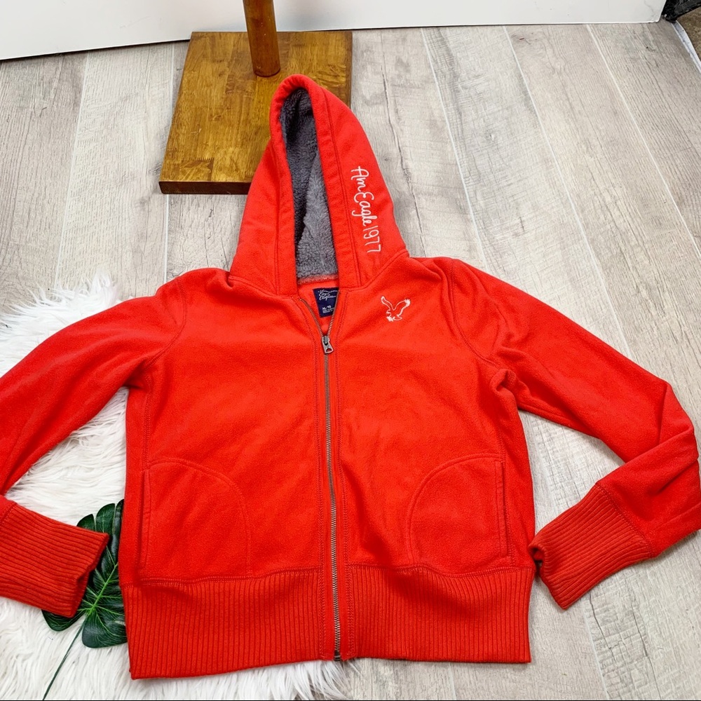 American Eagle Red Hooded Zip Fleece Sweatshirt